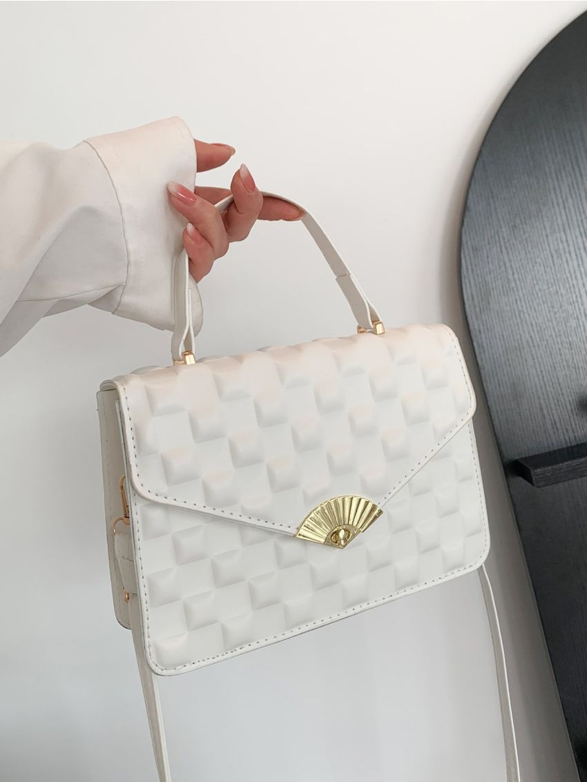 Small Square Bag With Turn Lock White Geometric Embossed Flap PU