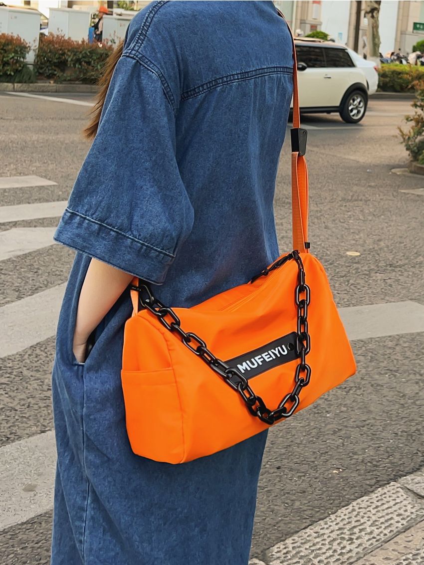 Letter Patch Decor Hobo Bag Chain Decor Neon Orange