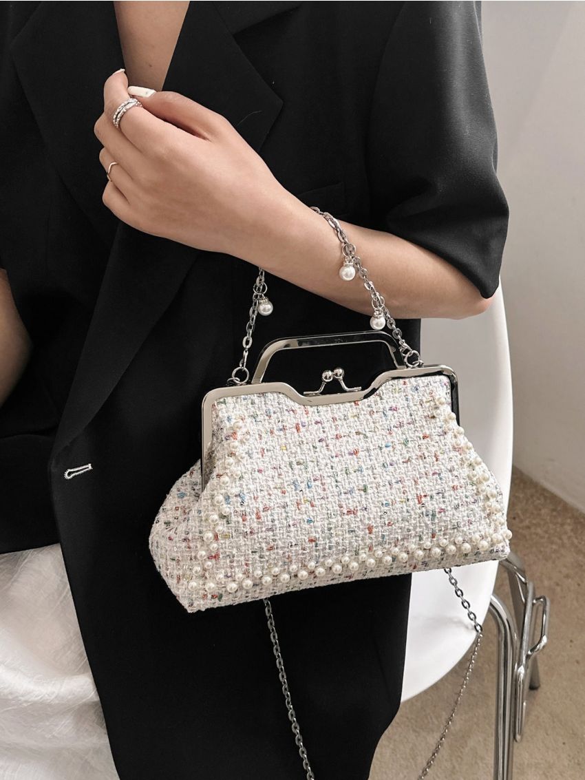 Pearl Decor Square Bag Kiss Lock