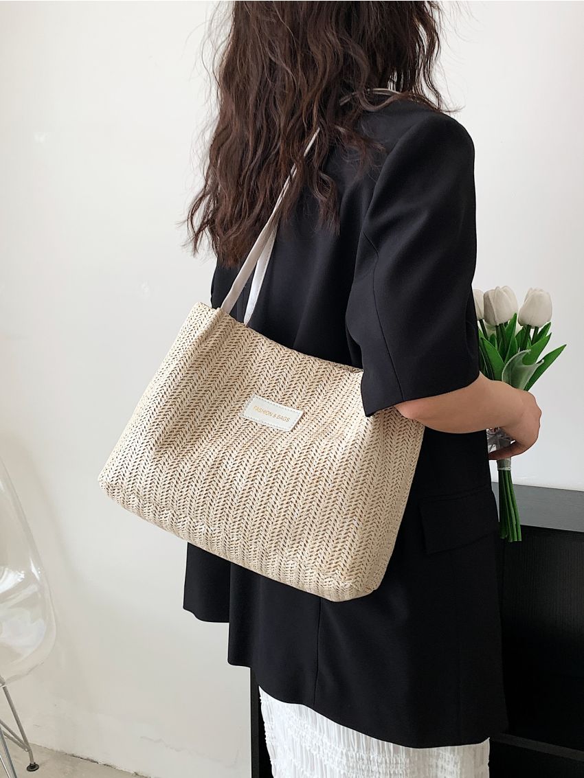 Small Straw Bag Double Handle Letter Patch Decor