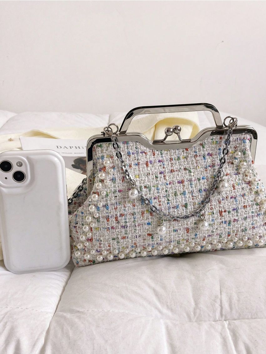 Pearl Decor Square Bag Kiss Lock