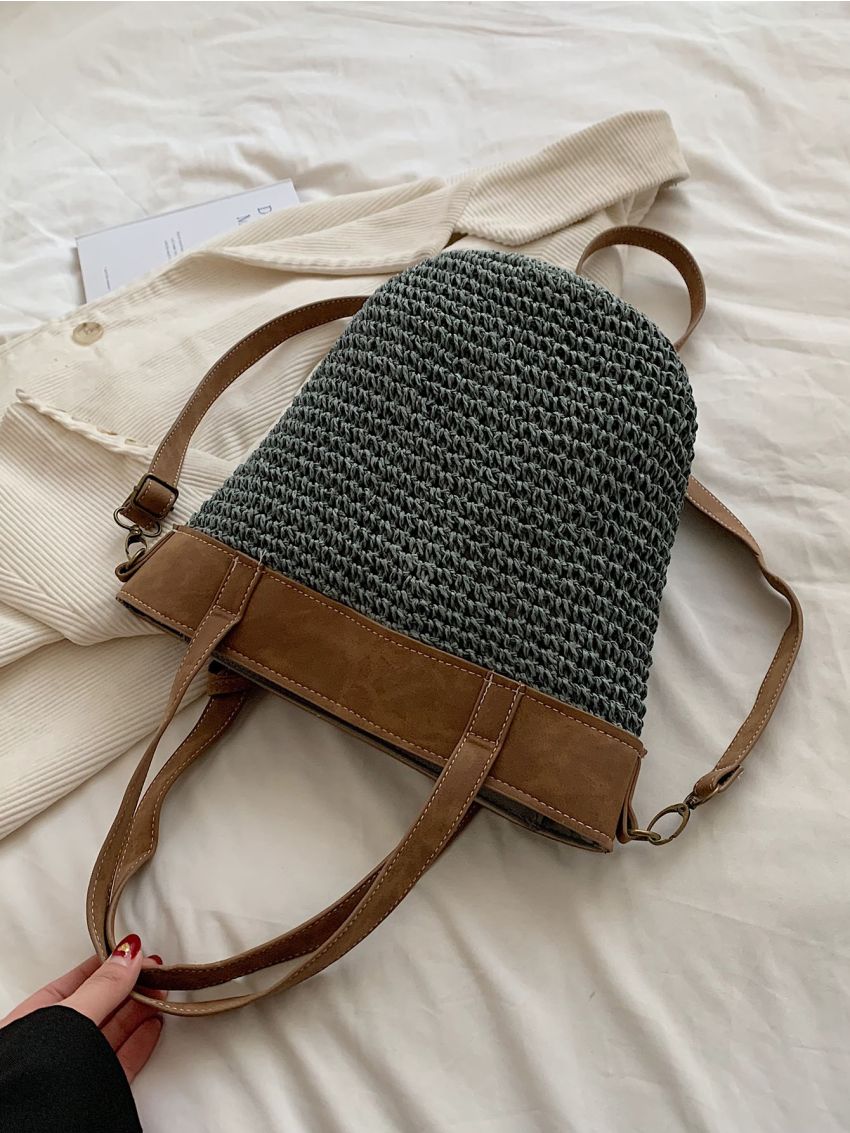 Two Tone Straw Bag With Bag Charm Vacation