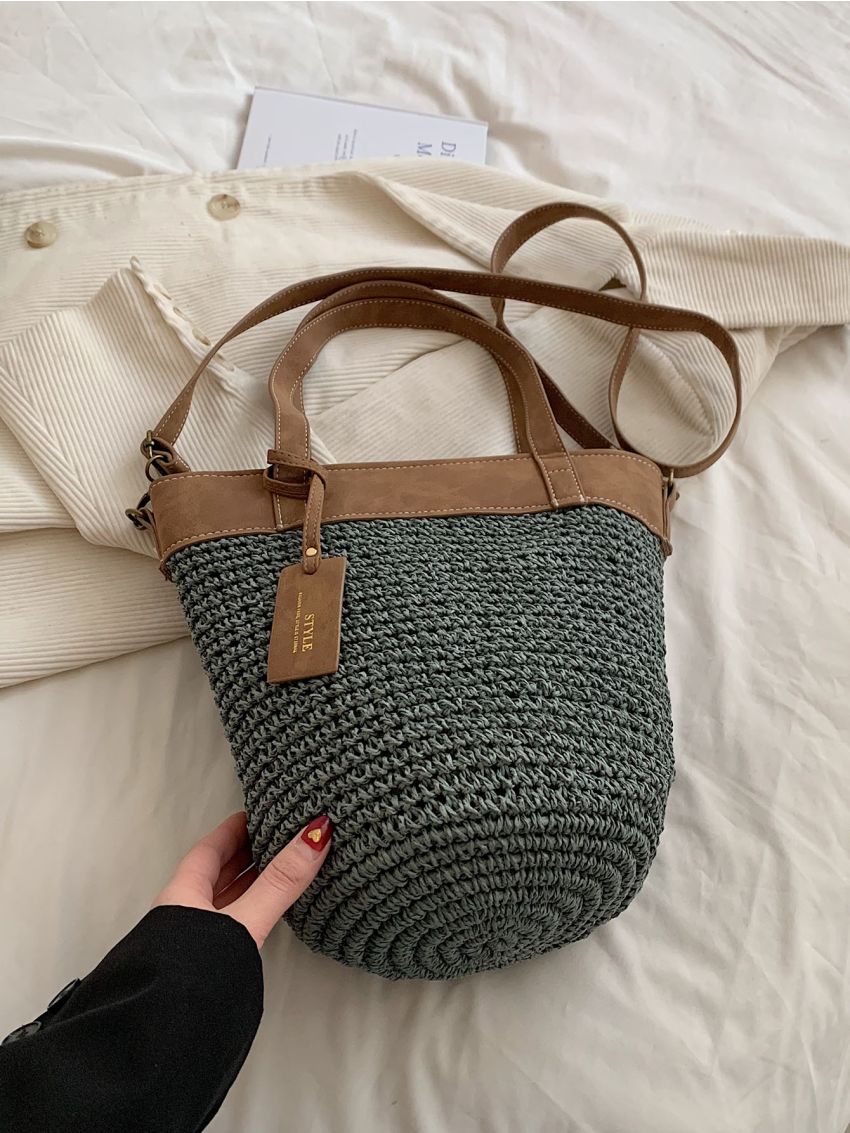 Two Tone Straw Bag With Bag Charm Vacation