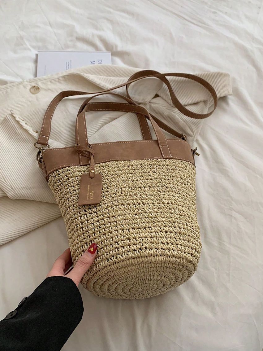Two Tone Straw Bag With Bag Charm Vacation