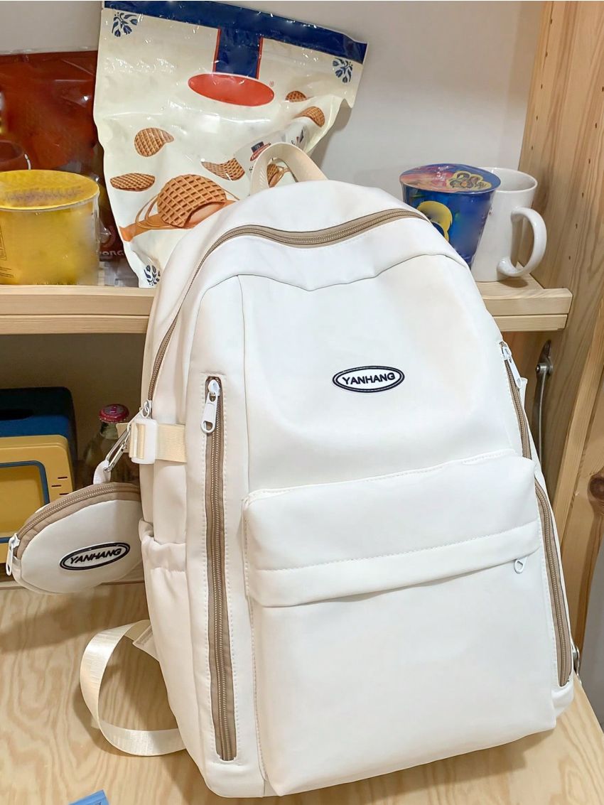 Letter Patch Decor Classic Backpack With Coin Purse Preppy