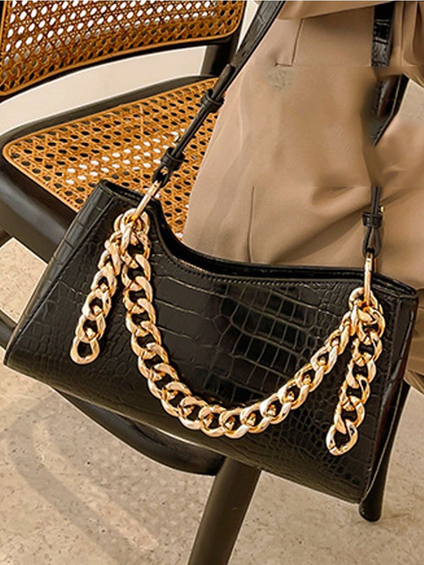 Crocodile Embossed Baguette Bag Pearl Decor