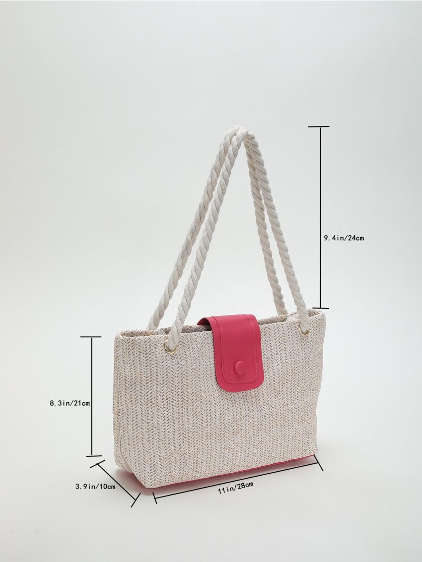 Vacation Straw Bag Double Handle Snap Button Zipper