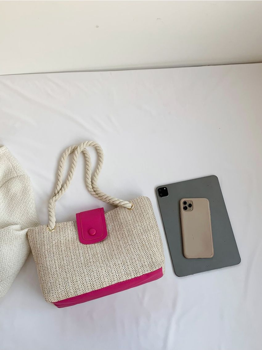 Vacation Straw Bag Double Handle Snap Button Zipper