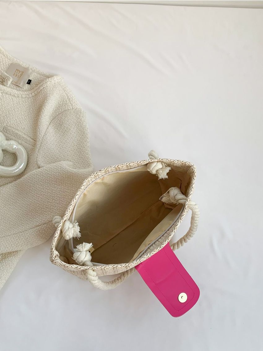 Vacation Straw Bag Double Handle Snap Button Zipper