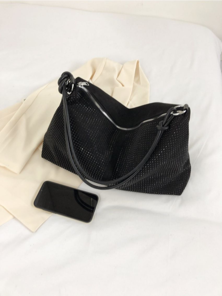 Studded Decor Hobo Bag Oversized Black