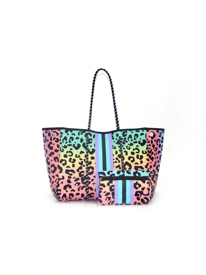 Leopard Pattern Shopper Bag With Coin Purse Double Handle