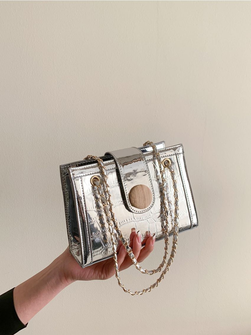 Crocodile Embossed Square Bag Magnet Chain Metallic PU Funky