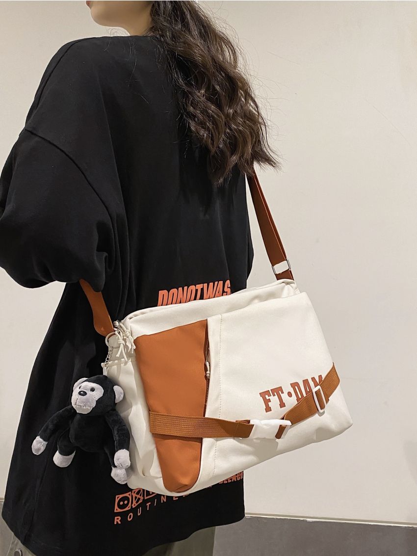 Letter Graphic Square Bag With Bag Charm Nylon