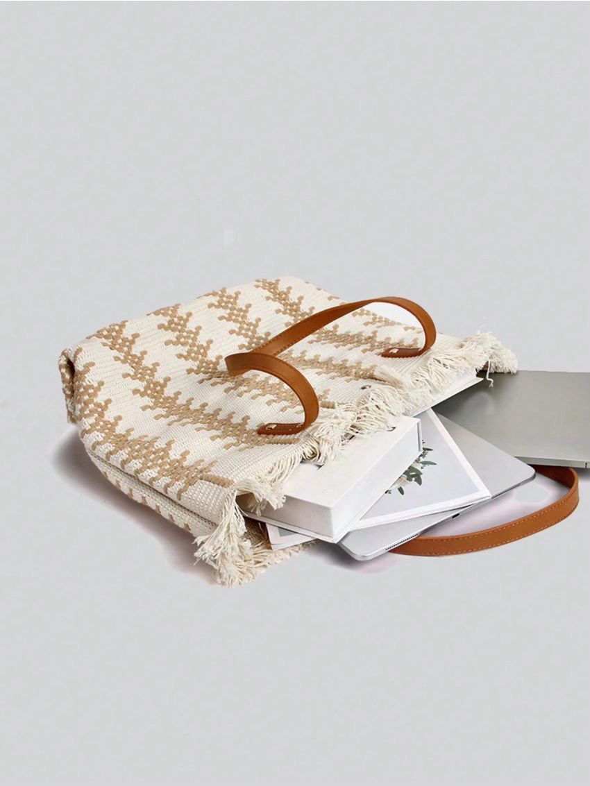 Colorblock Shoulder Tote Bag Raw Hem Oversized