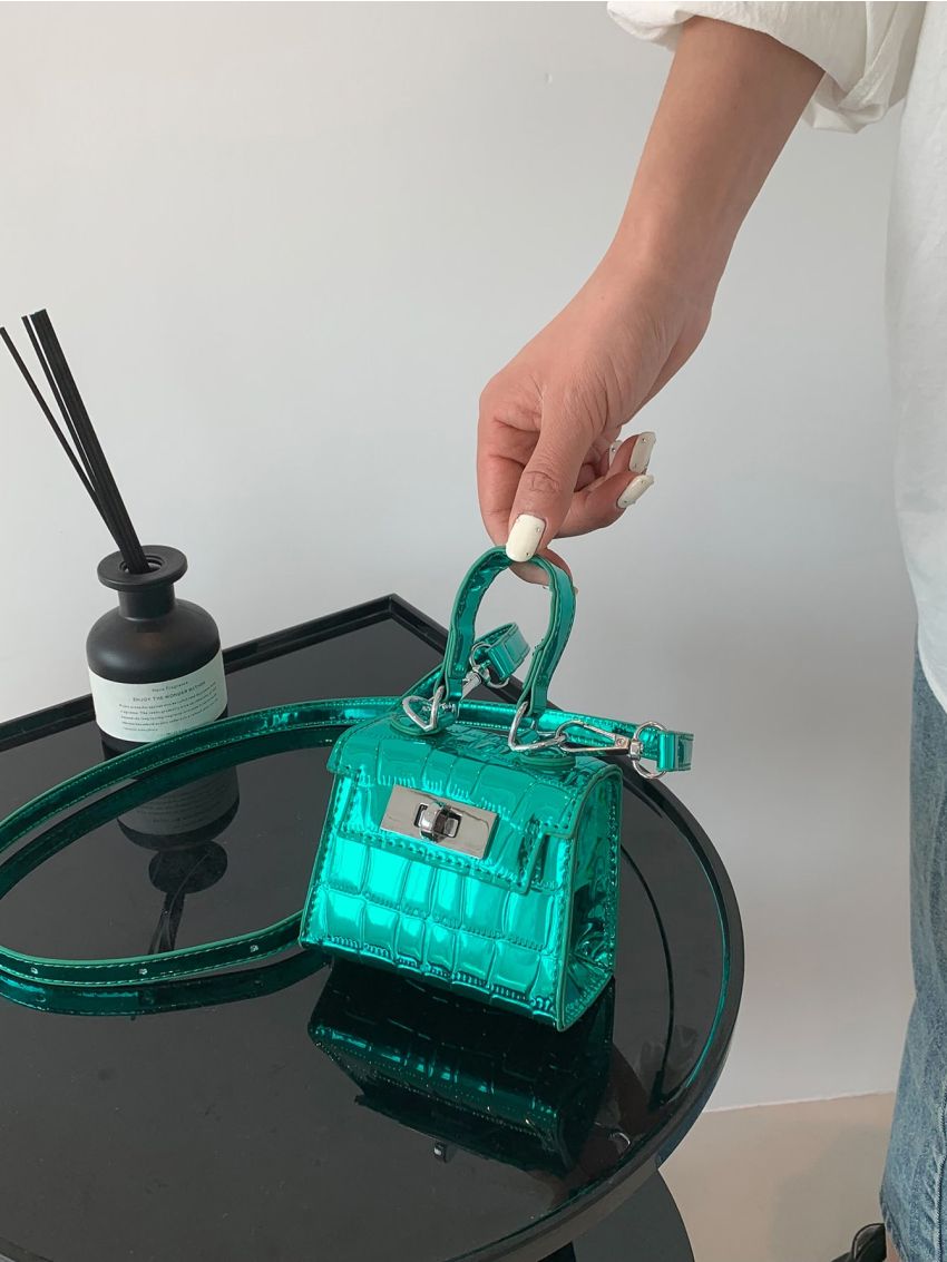 Mini Square Bag Metallic Crocodile Embossed Top Handle