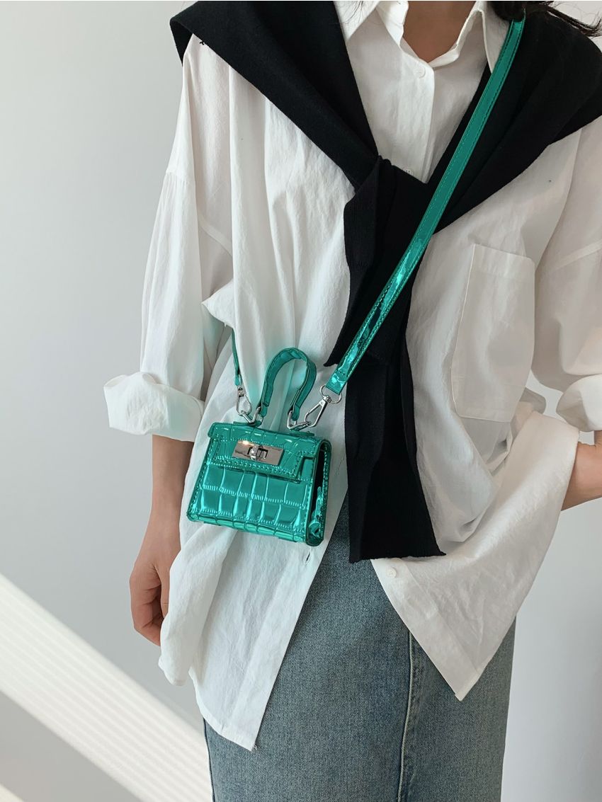 Mini Flap Square Bag Metallic Crocodile Embossed Funky