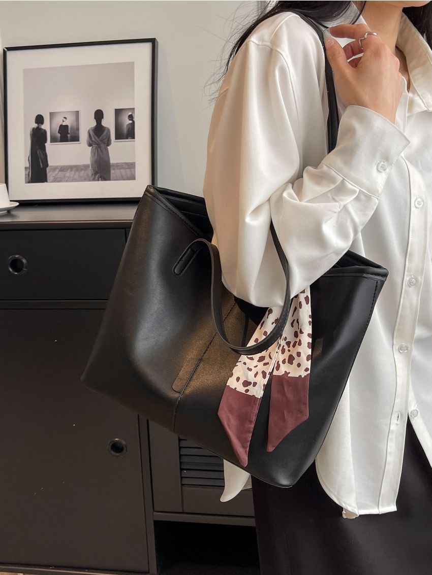 Twilly Scarf Decor Shoulder Tote Bag Medium Black