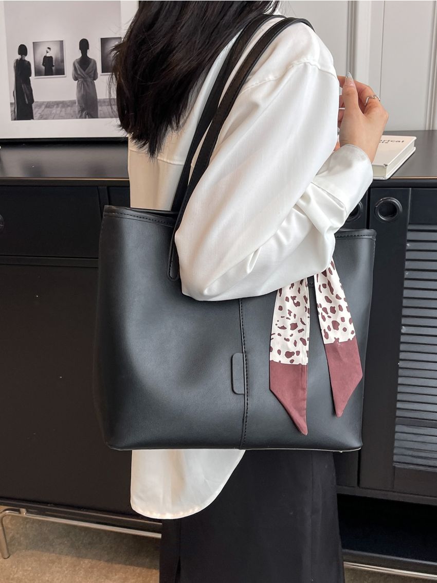 Twilly Scarf Decor Shoulder Tote Bag Medium Black