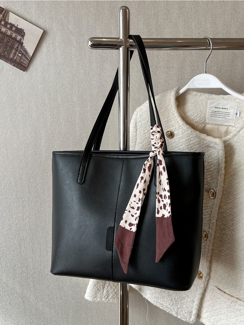 Twilly Scarf Decor Shoulder Tote Bag Medium Black