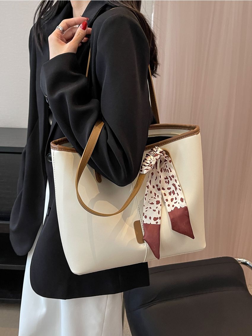 Twilly Scarf Decor Shoulder Tote Bag Medium Contrast Binding