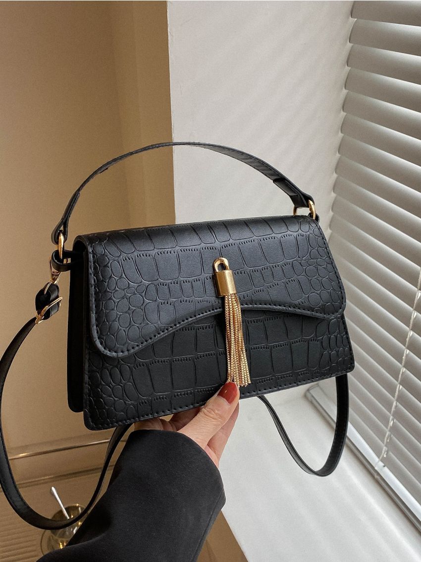 Crocodile Embossed Square Bag Tassel Decor Flap For Daily