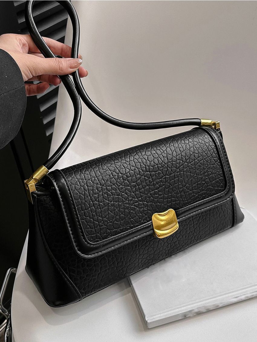 Litchi Embossed Square Bag Metal Decor Flap Top Handle For Work