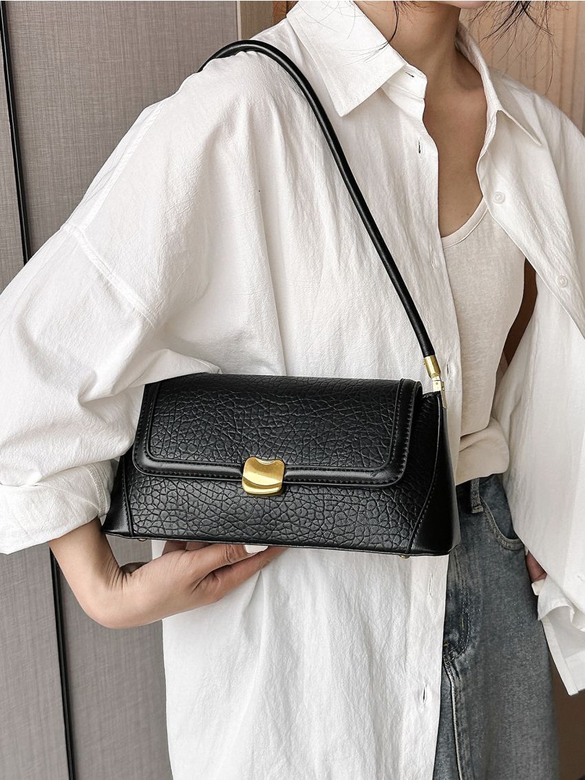 Litchi Embossed Square Bag Metal Decor Flap Top Handle For Work