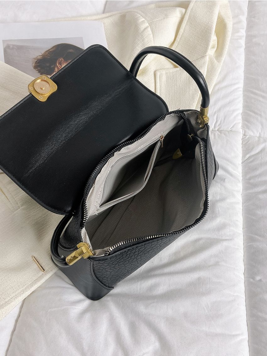 Litchi Embossed Square Bag Metal Decor Flap Top Handle For Work