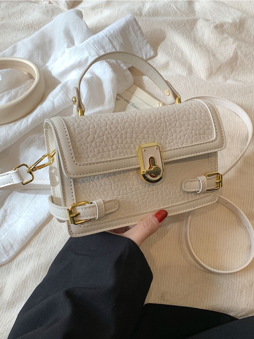 Mini Litchi Embossed Square Bag Buckle Decor Flap With Bag Charm For Daily