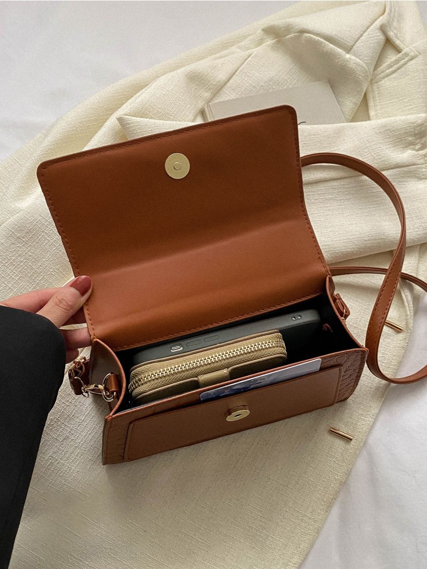 Crocodile Embossed Square Bag Buckle Decor Flap For Work