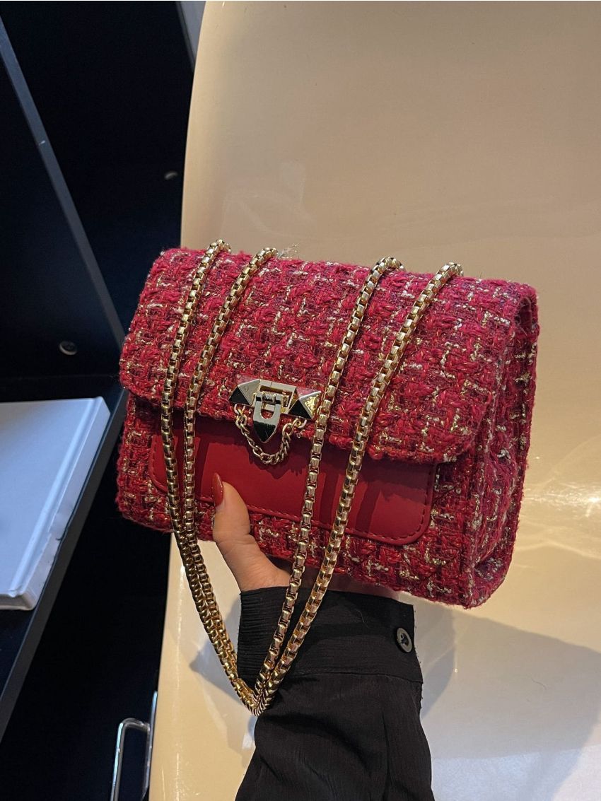 Mini Square Bag Red Tweed Chain Strap For Daily