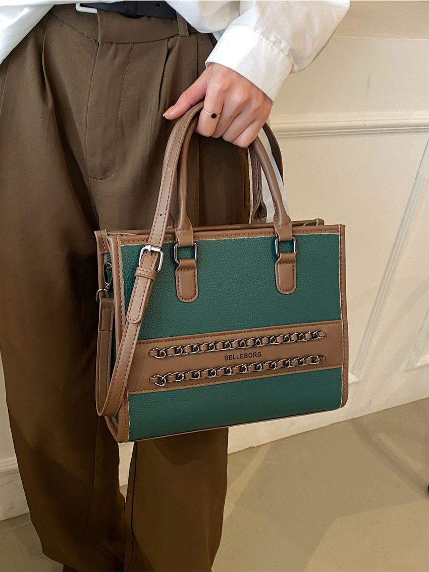 Litchi Embossed Square Bag Fashionable Letter Graphic Chain Decor Double Handle PU