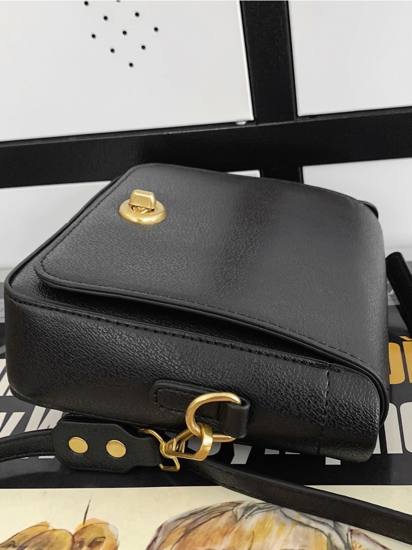 Mini Square Bag Fashionable Litchi Embossed Twist Lock Flap PU