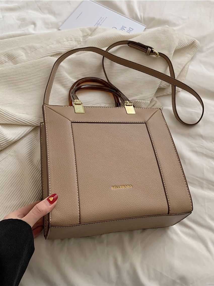 Small Square Bag Elegant Litchi Embossed Letter Graphic Double Handle PU