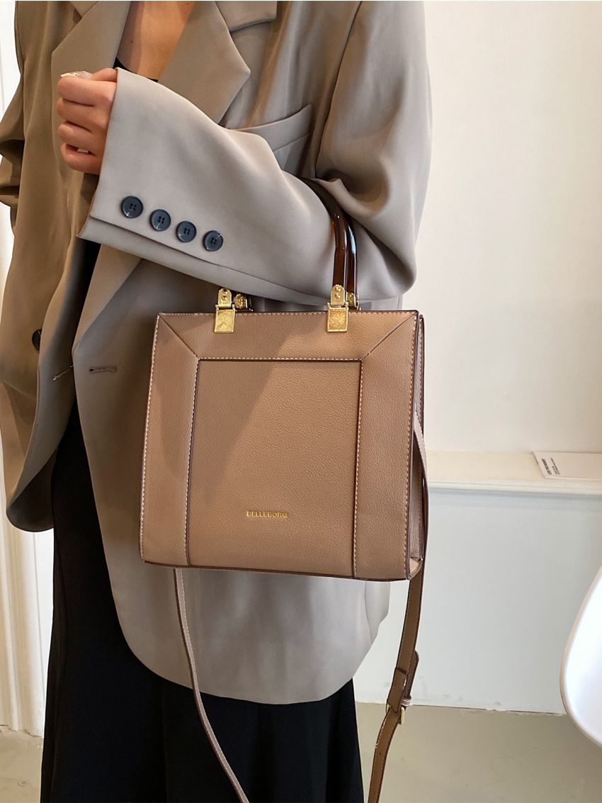 Small Square Bag Elegant Litchi Embossed Letter Graphic Double Handle PU