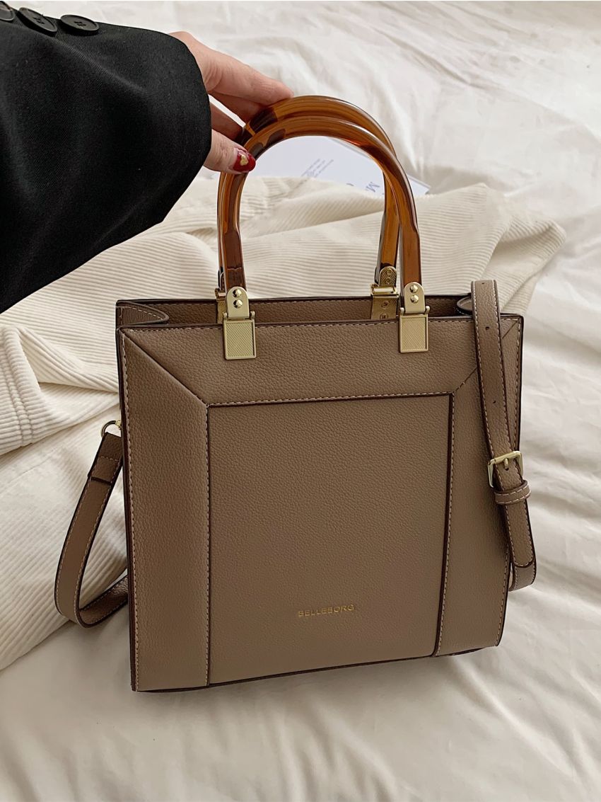 Small Square Bag Elegant Litchi Embossed Letter Graphic Double Handle PU