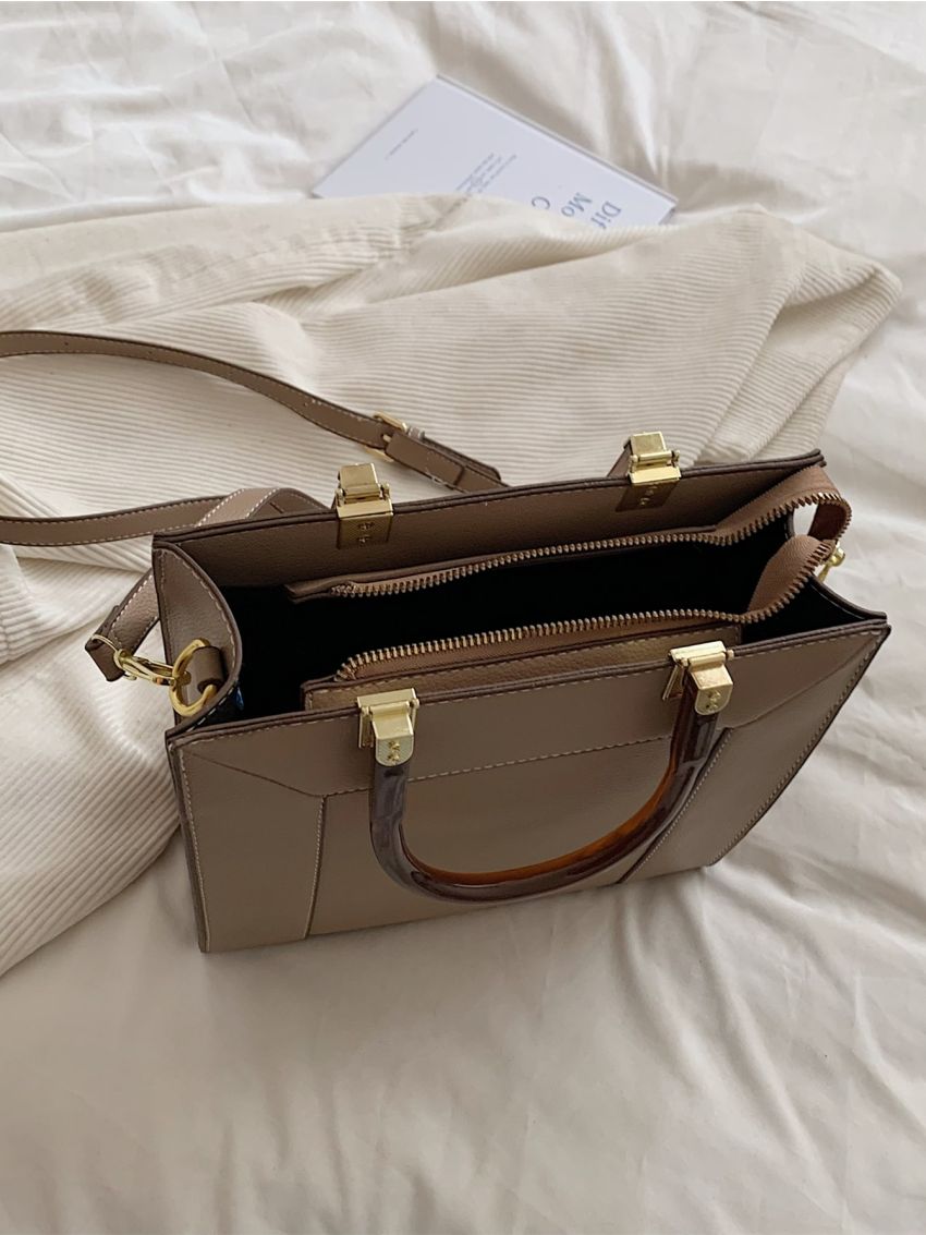 Small Square Bag Elegant Litchi Embossed Letter Graphic Double Handle PU