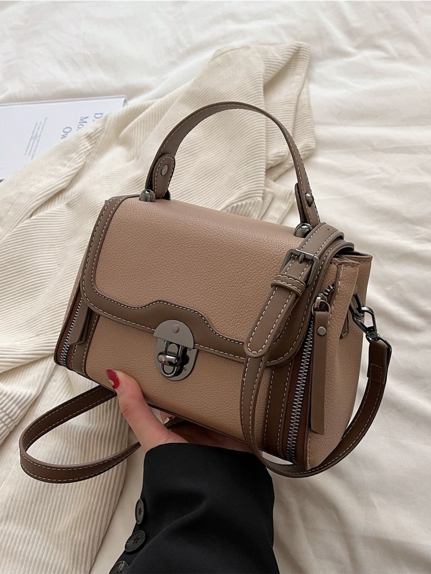 Small Square Bag Turn Lock Flap Zipper PU