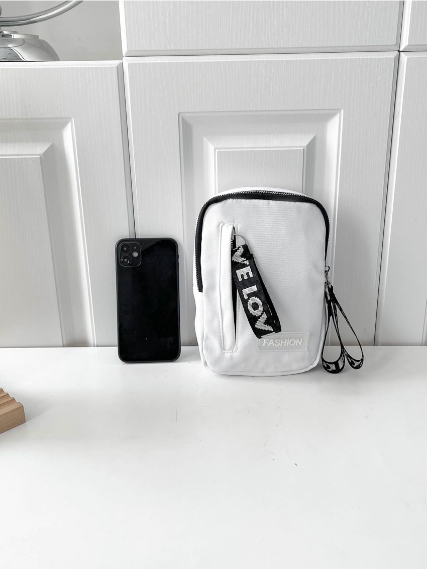 Mini Coin Purse White Letter Patch Decor Zipper Nylon