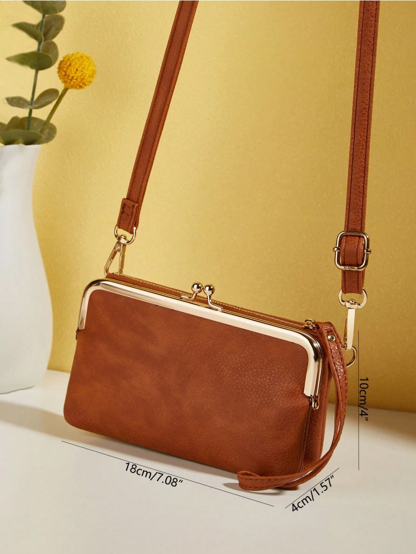 Litchi Embossed Phone Wallet Brown Adjustable-strap Zipper PU