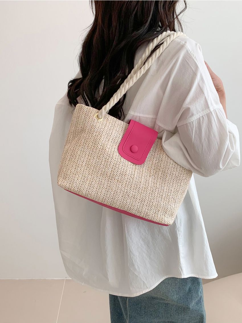 Vacation Straw Bag Double Handle Snap Button Zipper