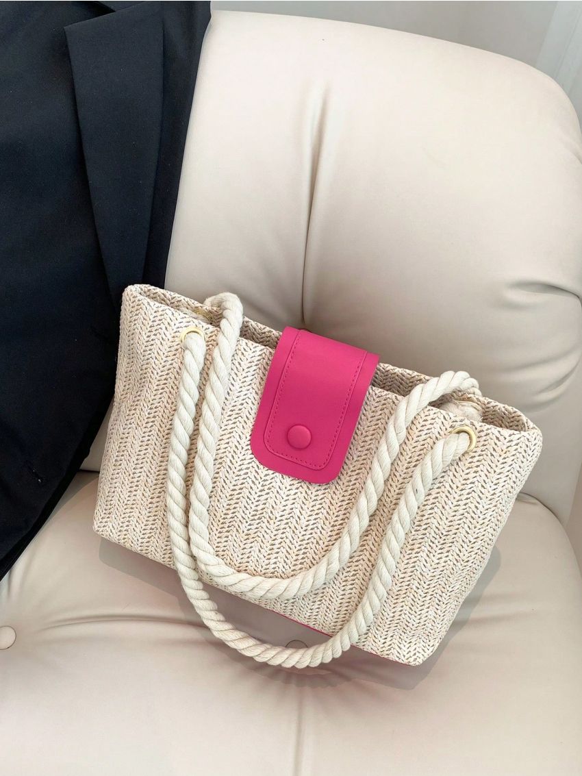 Vacation Straw Bag Double Handle Snap Button Zipper