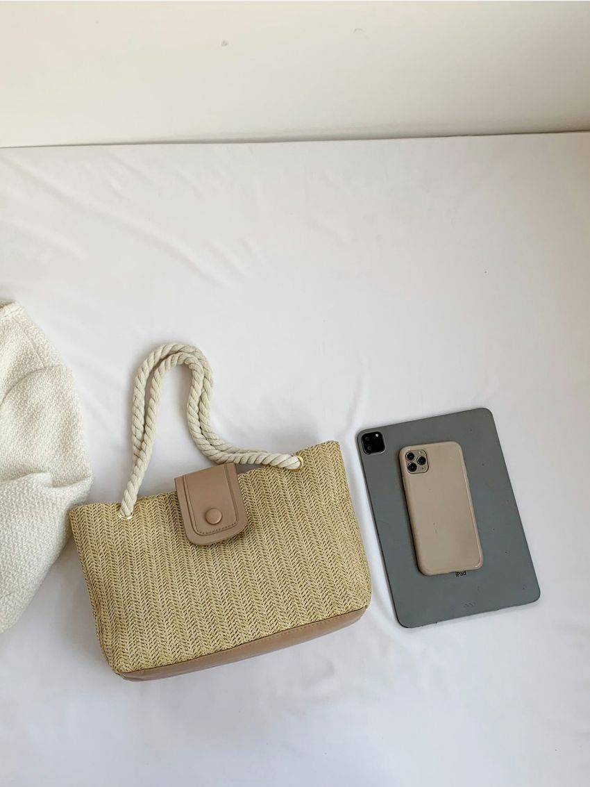 Vacation Straw Bag Double Handle Snap Button Zipper