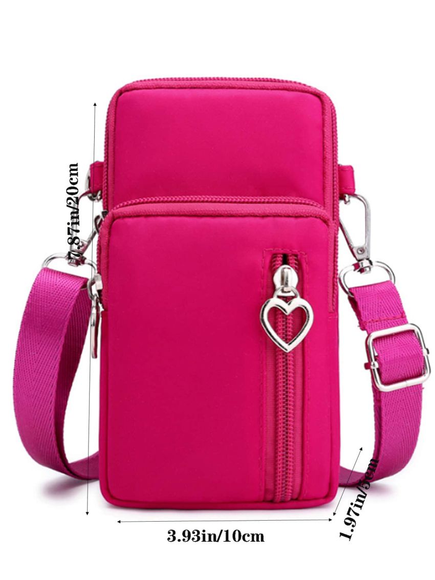 Pink Phone Wallet Heart Decor Zipper Adjustable-strap