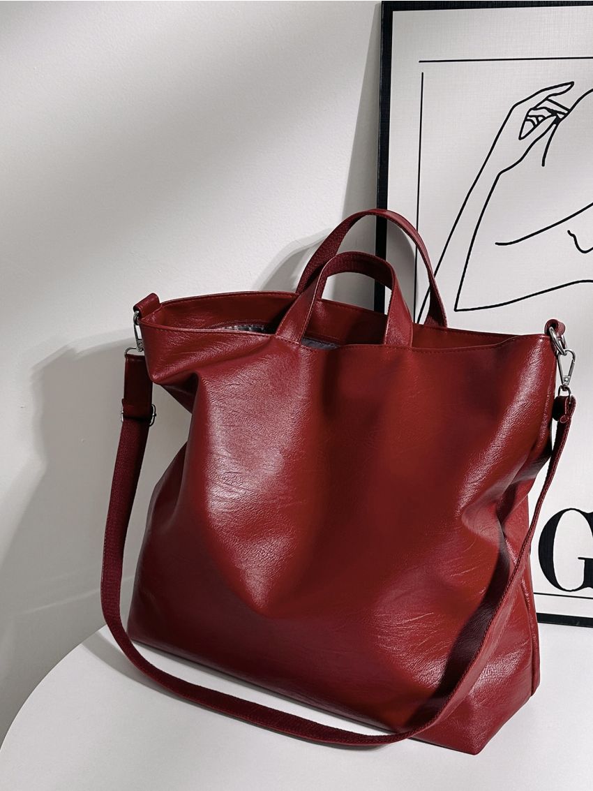 Large Shoulder Tote Bag Neon Red Adjustable-strap Zipper PU