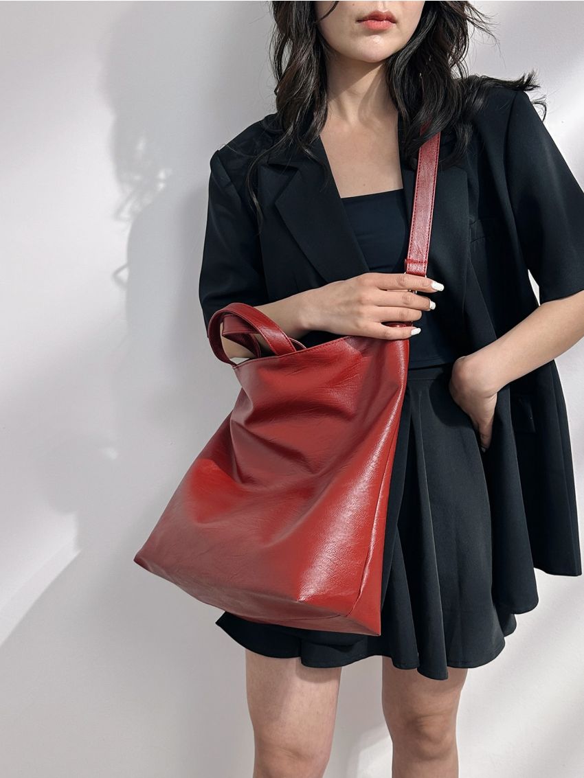 Large Shoulder Tote Bag Neon Red Adjustable-strap Zipper PU