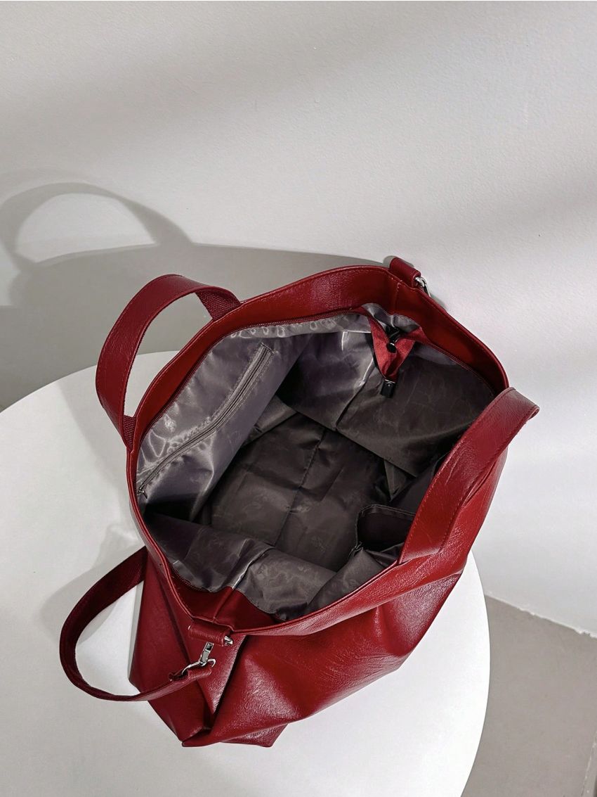 Large Shoulder Tote Bag Neon Red Adjustable-strap Zipper PU