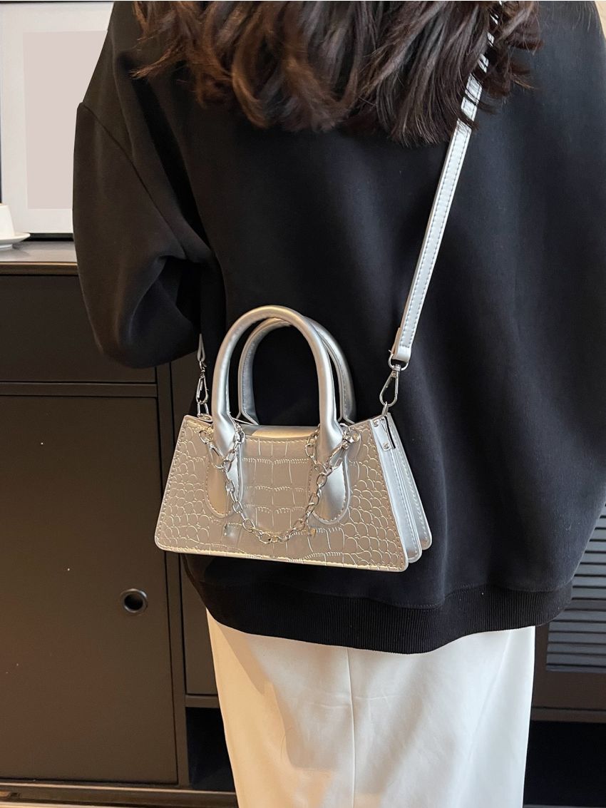 Small Baguette Bag Metallic Silver Funky Crocodile Embossed Chain PU