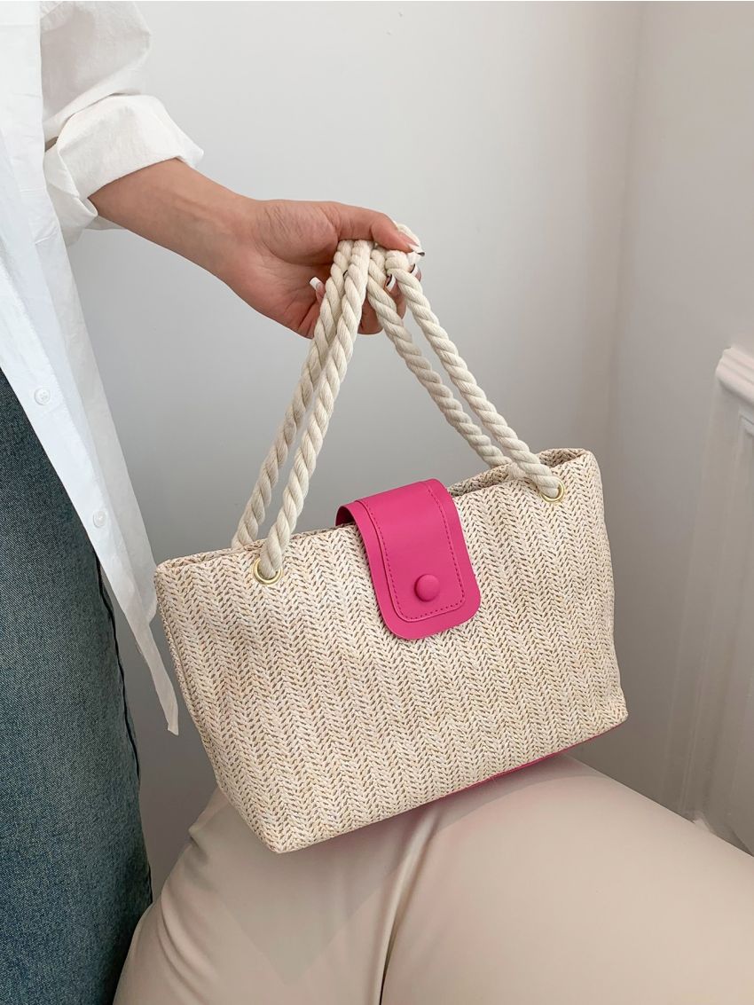 Vacation Straw Bag Double Handle Snap Button Zipper