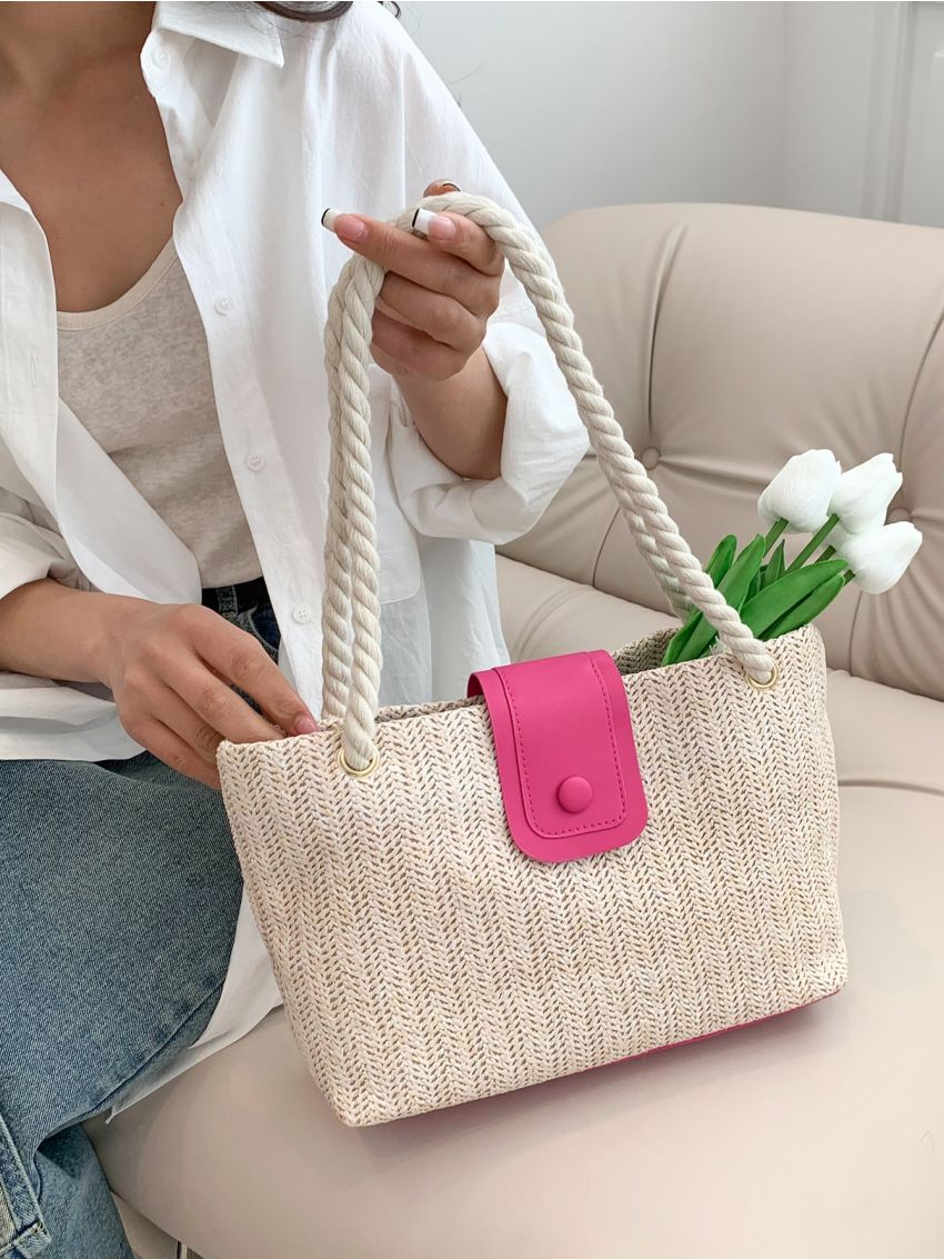 Vacation Straw Bag Double Handle Snap Button Zipper